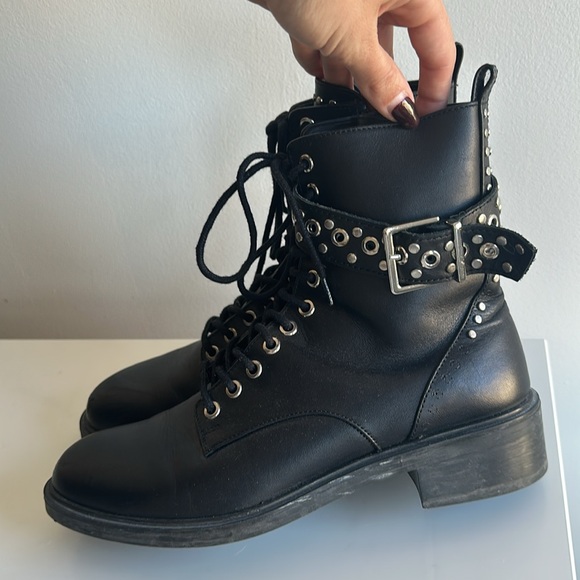 ZARA Black Studded Biker Combat Boots - Picture 5 of 6